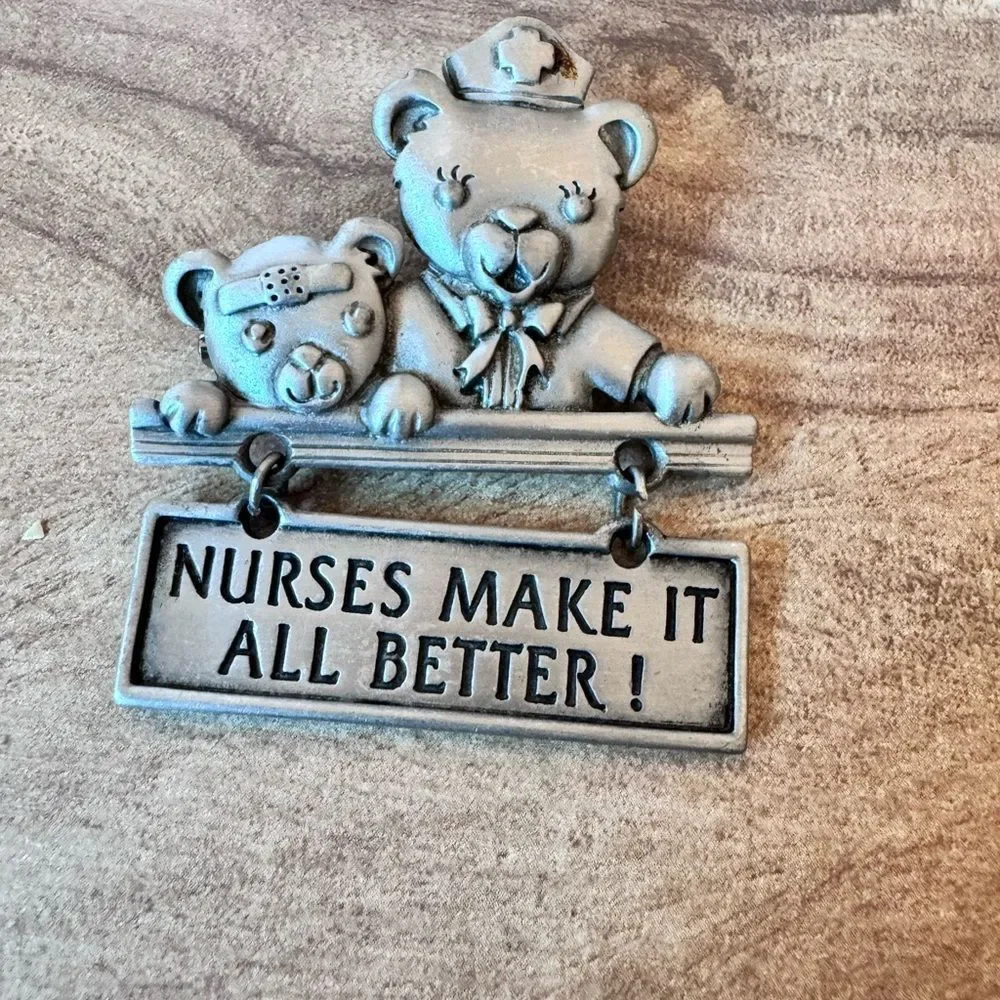 Signed JJ Vintage Teddy Bear Nurse Silver/Pewter Tone Brooch Pin Jonette Jewelry
